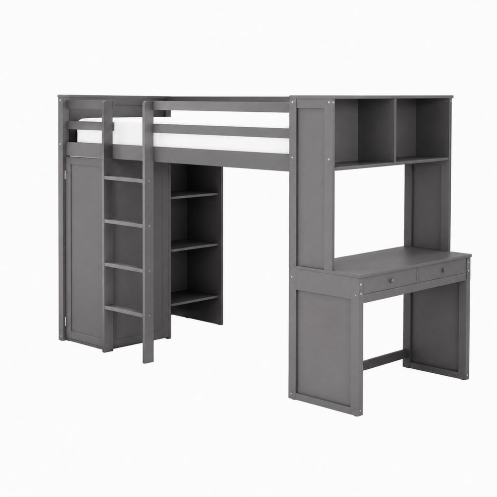 Lit mezzanine avec bureau intégré en bois Gris 200x90 cm-Novpitor
