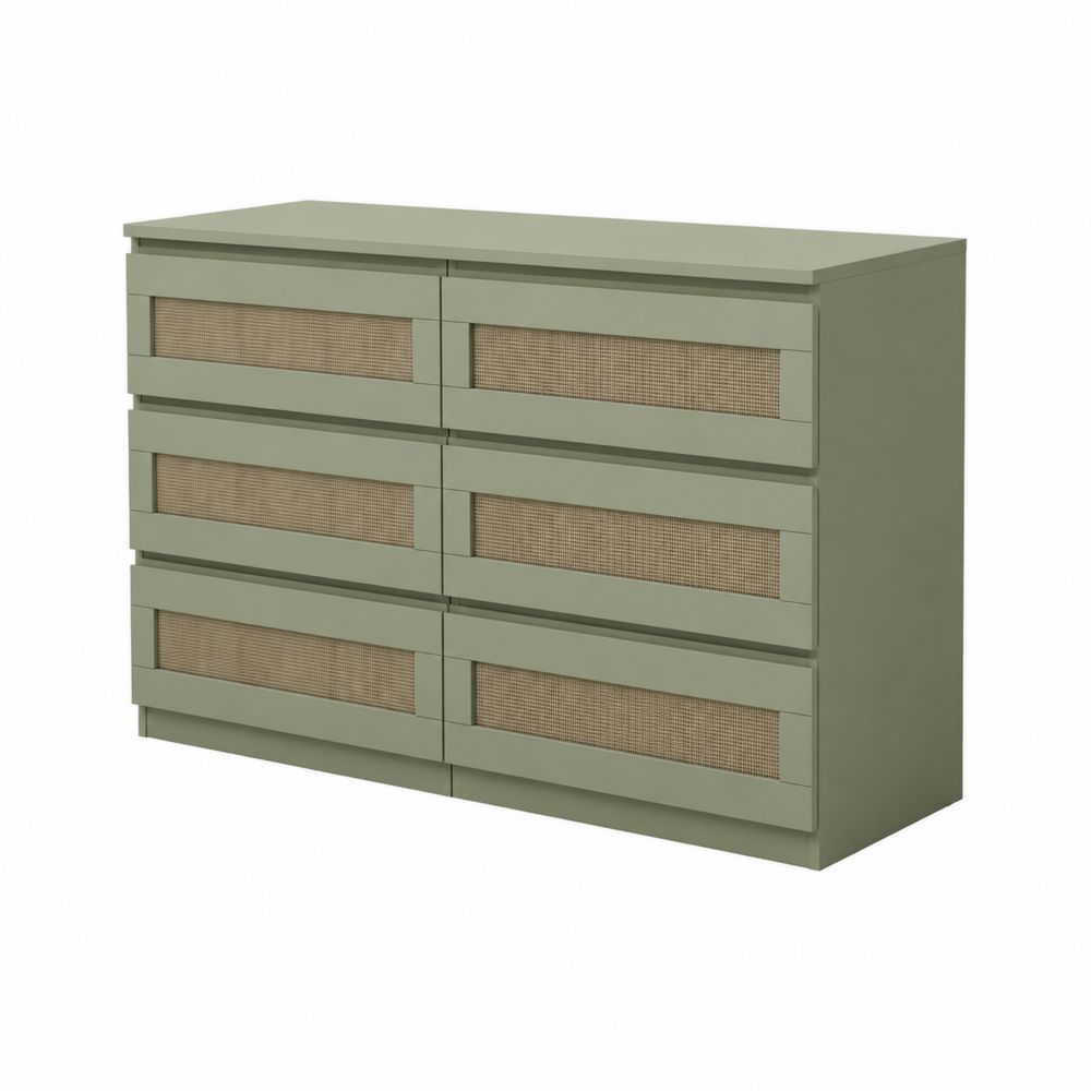 Commode 6 tiroirs en bois et rotin Vert Kaki 120x40x80 cm-Novpitor