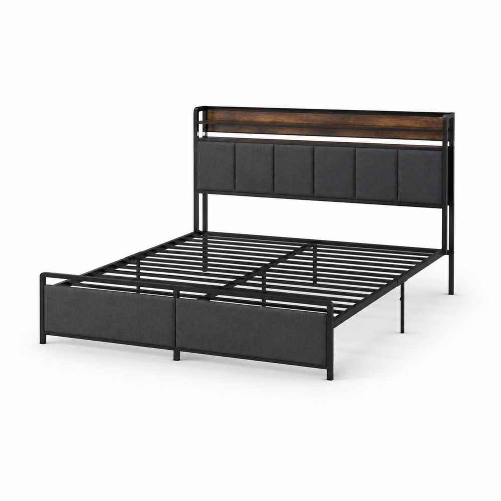 Lit en métal avec tête de lit rembourrée en polyester et bois-Novpitor