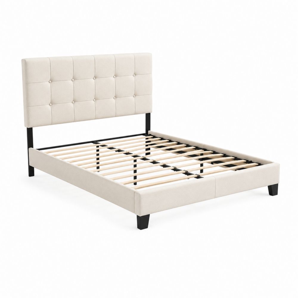 Lit double en bois et tissu beige avec tête de lit capitonnée 140x200 cm-Novpitor