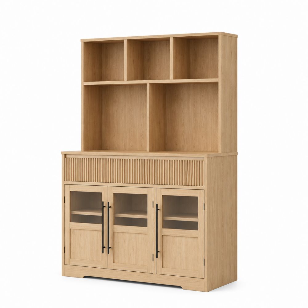 Buffet vaisselier en bois avec portes vitrées en verre trempé-Novpitor