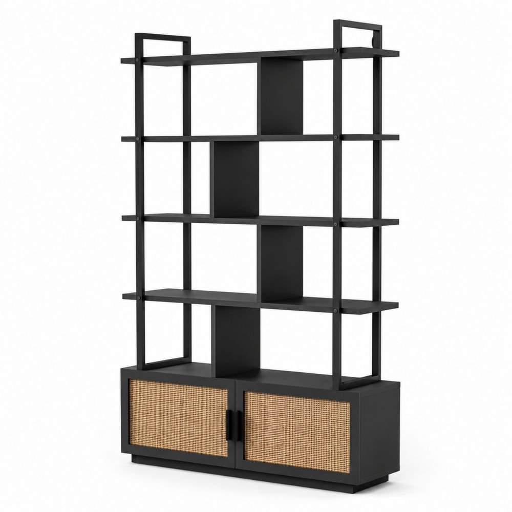 Étagère en métal avec portes en rotin noir-Novpitor