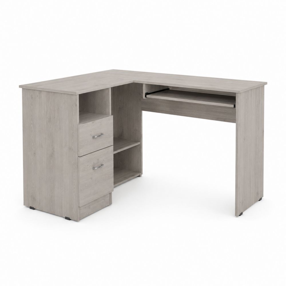 Bureau d'angle en bois gris clair avec tiroirs et étagères-Novpitor