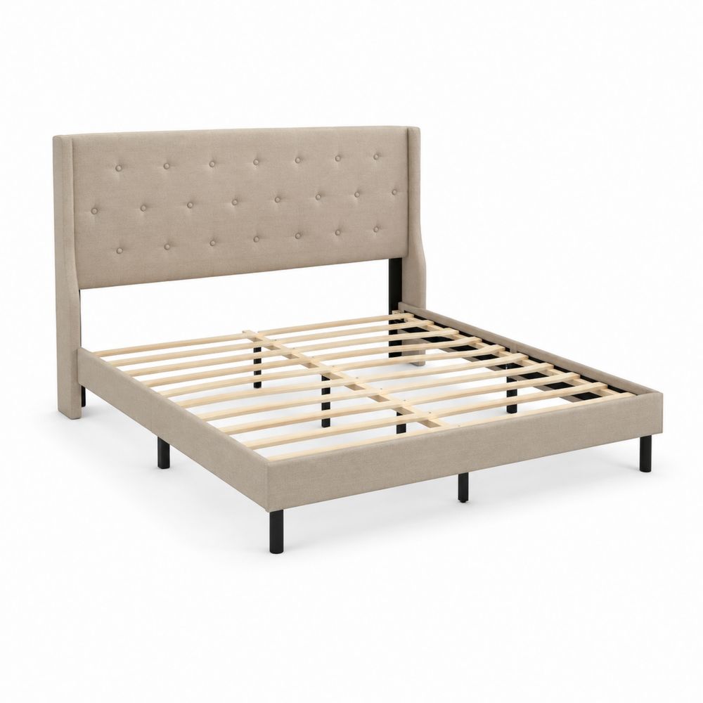 Lit Double en Tissu Beige avec Cadre Bois 200x160 cm-Novpitor