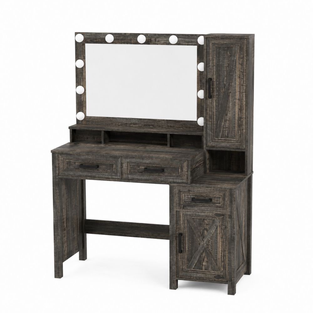 Coiffeuse en bois brun avec miroir LED et rangement-Novpitor
