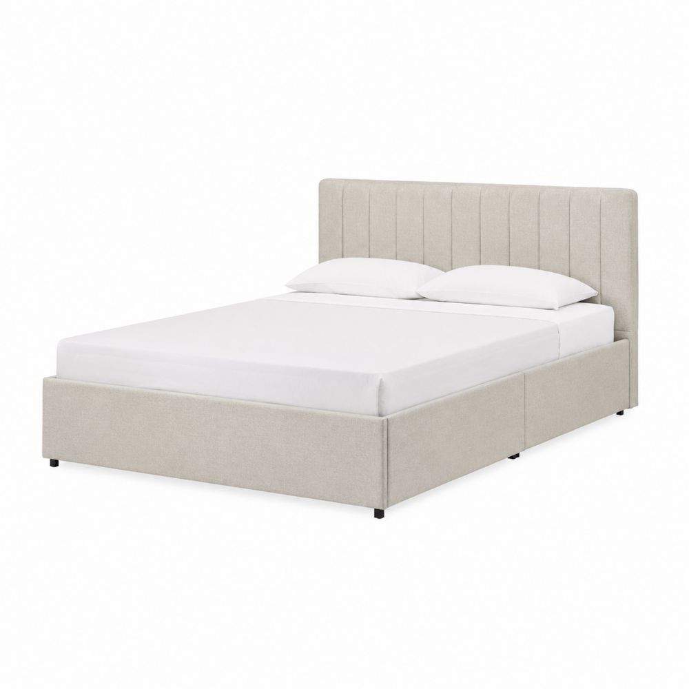 Lit double en bois et tissu beige avec tête de lit 160x200 cm-Novpitor