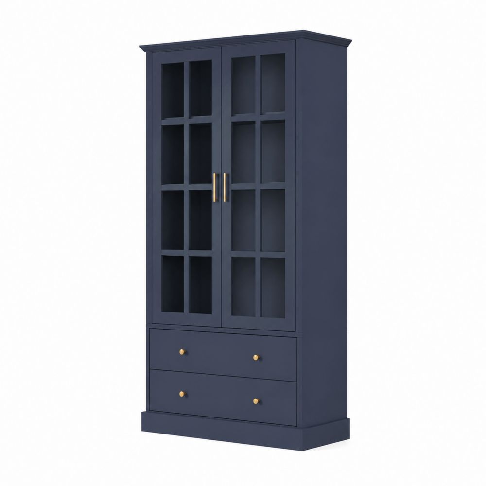 Bibliothèque en bois avec portes vitrées et tiroirs Bleu Foncé-Novpitor