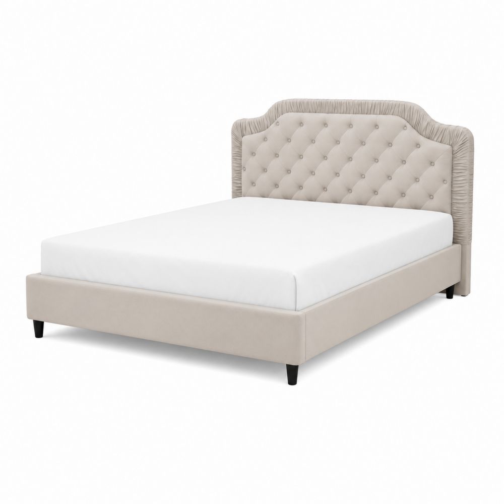 Lit double en bois et tissu avec tête de lit capitonnée 140x200 cm Beige-Novpitor