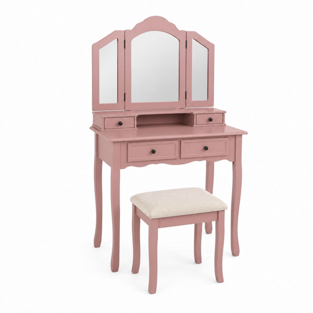 Coiffeuse en Bois avec Miroirs et Tabouret en Tissu Rose-Novpitor