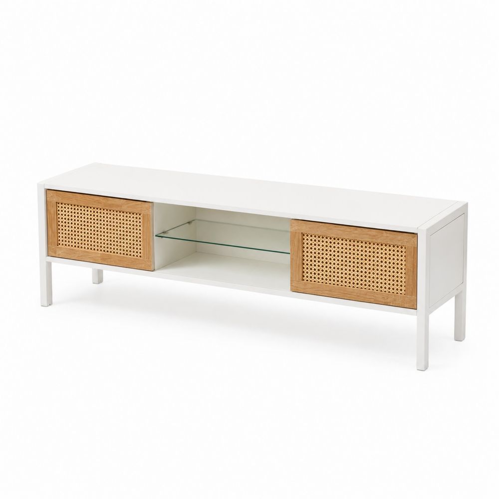 Meuble TV en Bois et Métal avec Étagère en Verre-Novpitor
