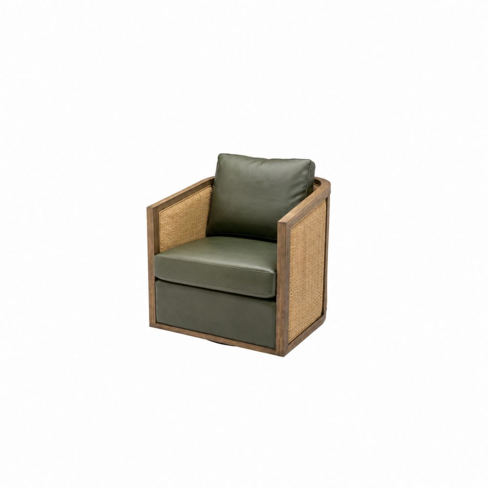 Fauteuil en cuir synthétique vert avec cadre en bois et rotin-Novpitor
