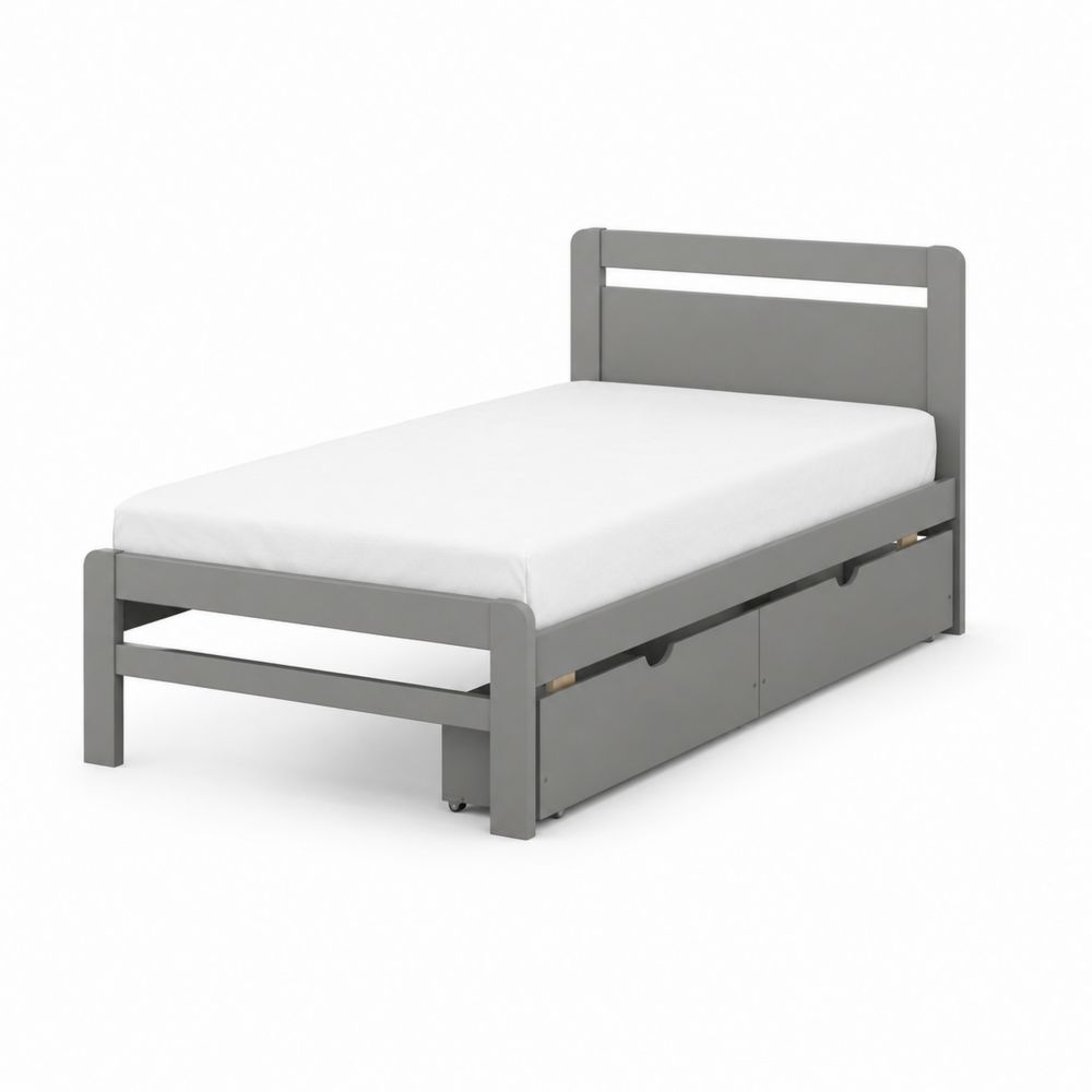 Lit simple en bois gris avec tiroirs de rangement-Novpitor