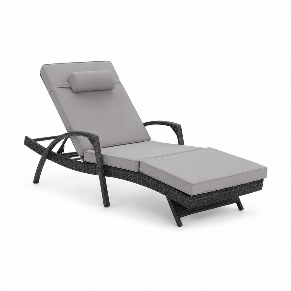 Chaise longue en résine tressée avec coussins en polyester Gris-Novpitor