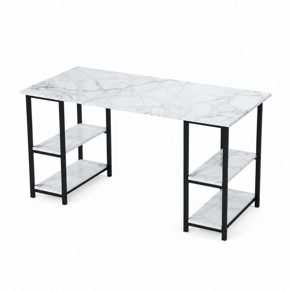 Bureau en métal avec plateau effet marbre et étagères-Novpitor