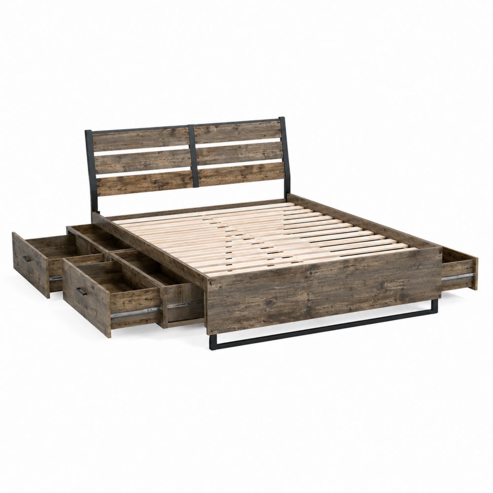 Lit Double avec Tiroirs en Bois et Métal 200x160 cm-Novpitor
