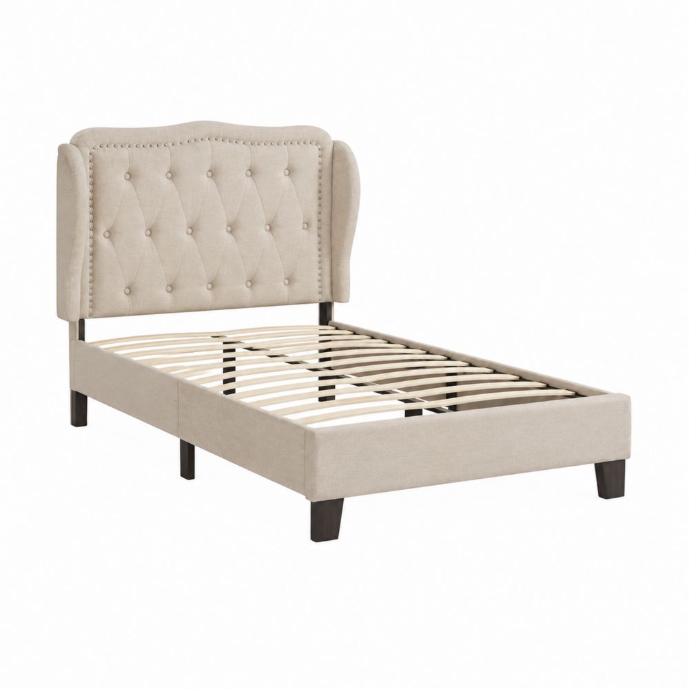 Lit simple en bois avec tête de lit capitonnée en tissu-Novpitor