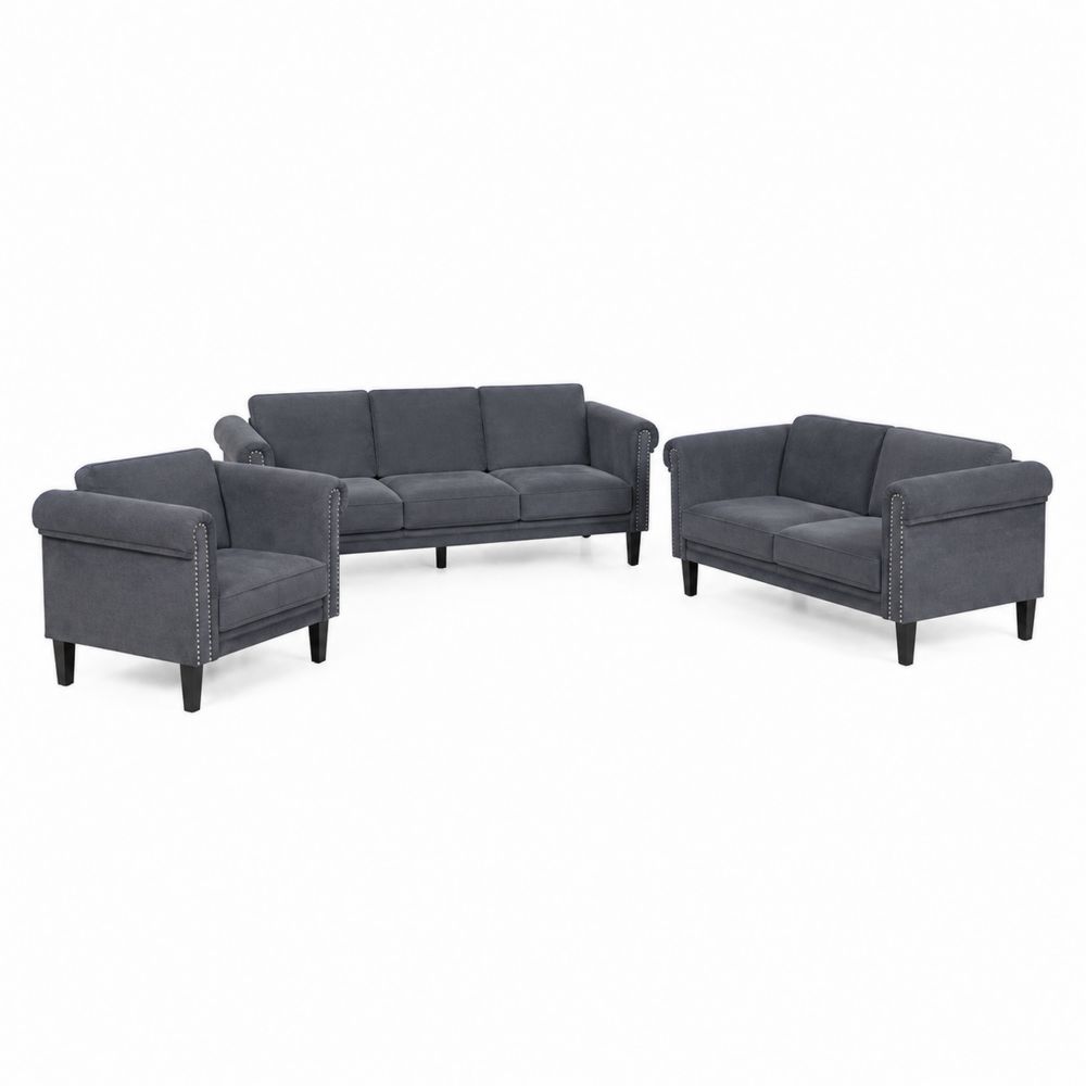 Ensemble de canapés 3 pièces en tissu polyester gris-Novpitor