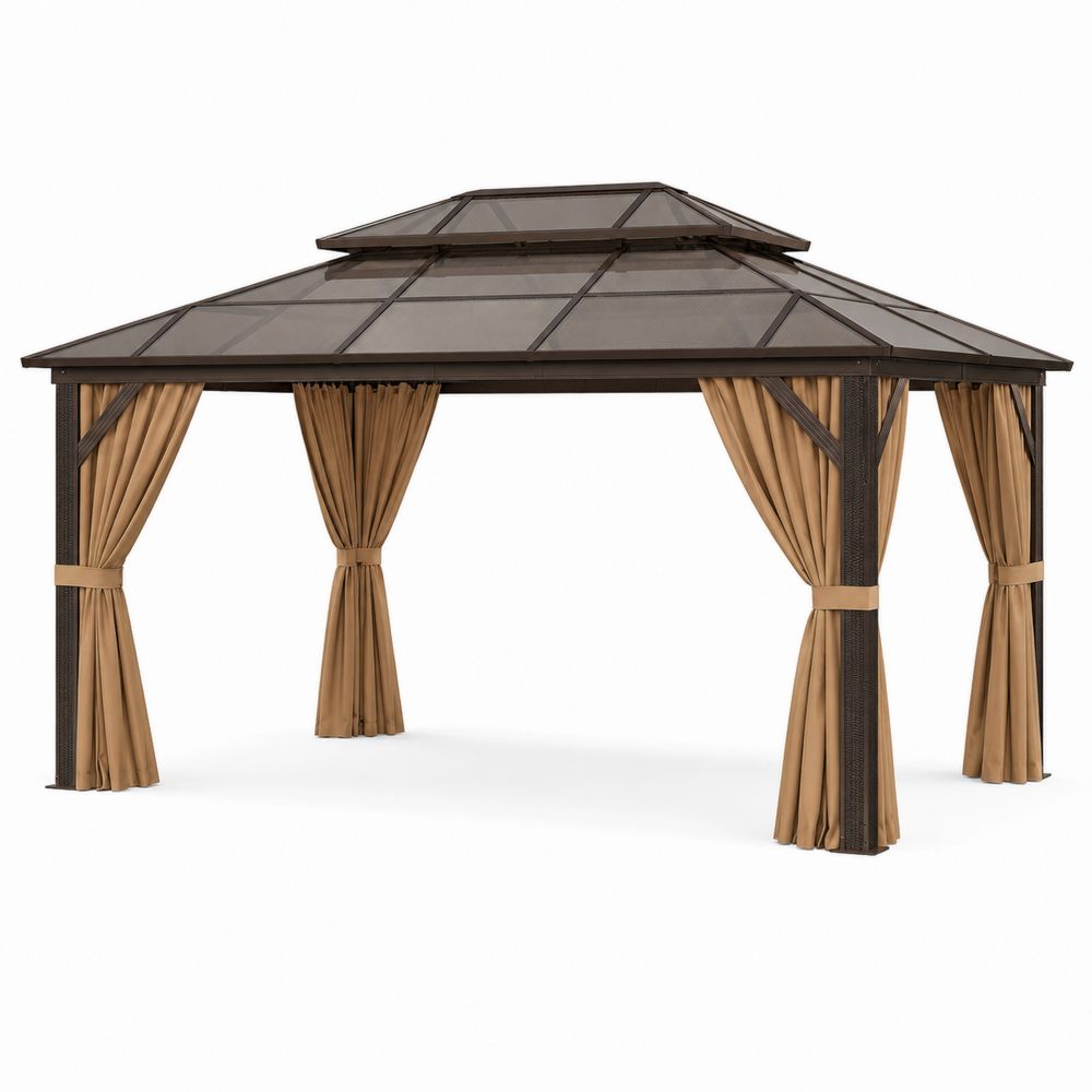 Pavillon en aluminium avec toit en polycarbonate et rideaux beiges-Novpitor