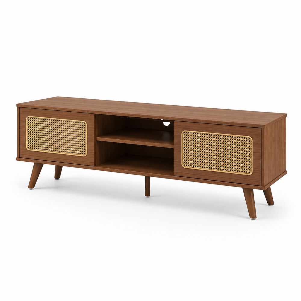 Meuble TV en bois et rotin tressé 150 cm Marron-Novpitor