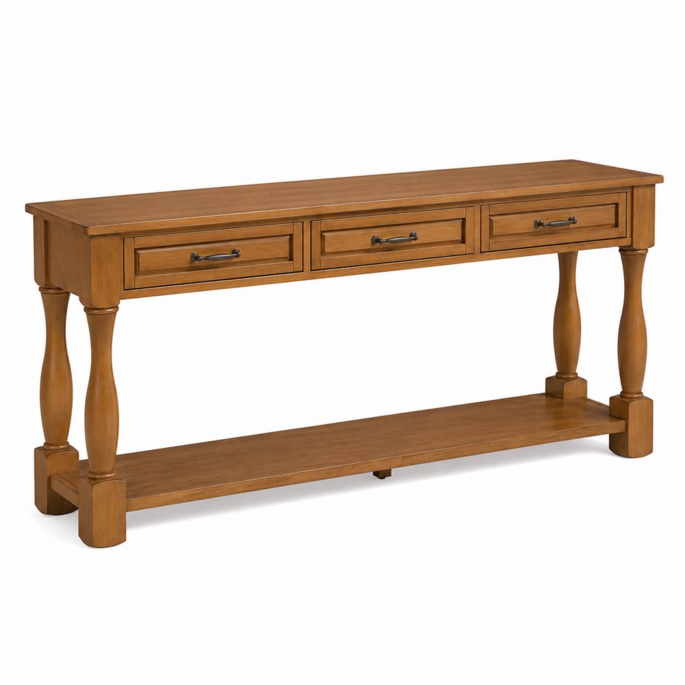 Table console en bois de chêne avec tiroirs et étagère 120x30x80 cm-Novpitor