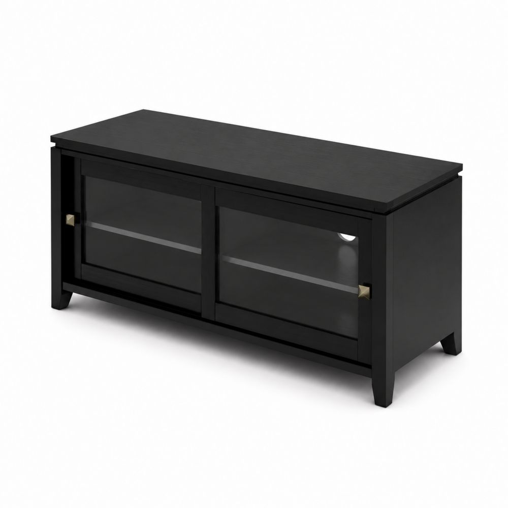 Meuble TV en bois noir avec portes en verre trempé-Novpitor