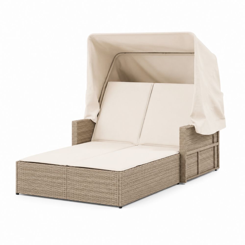 Lit de repos double en rotin avec auvent réglable Beige-Novpitor