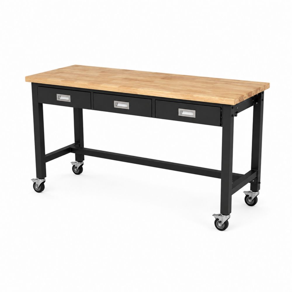 Table de travail en bois et métal avec roulettes, 3 tiroirs-Novpitor