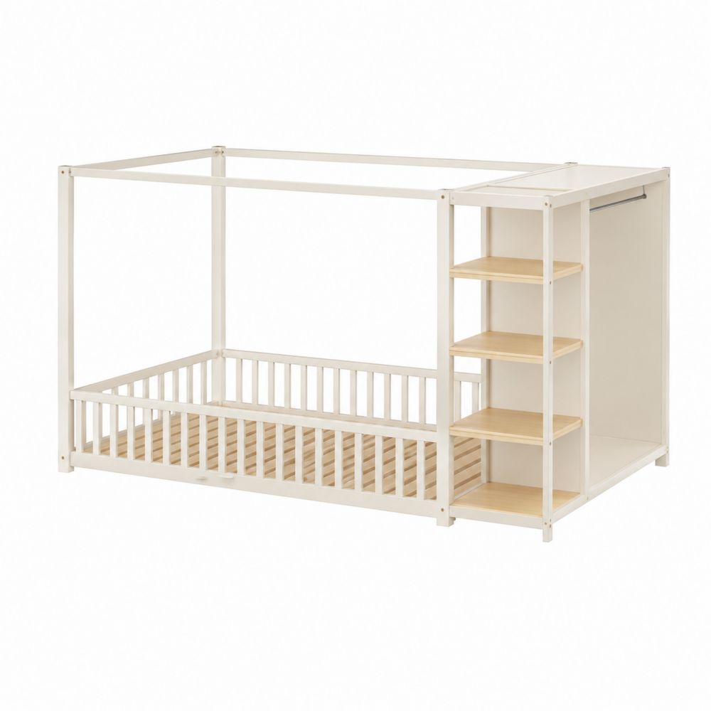 Lit cabane enfant en bois de pin avec étagères 195x95x150 cm Blanc-Novpitor