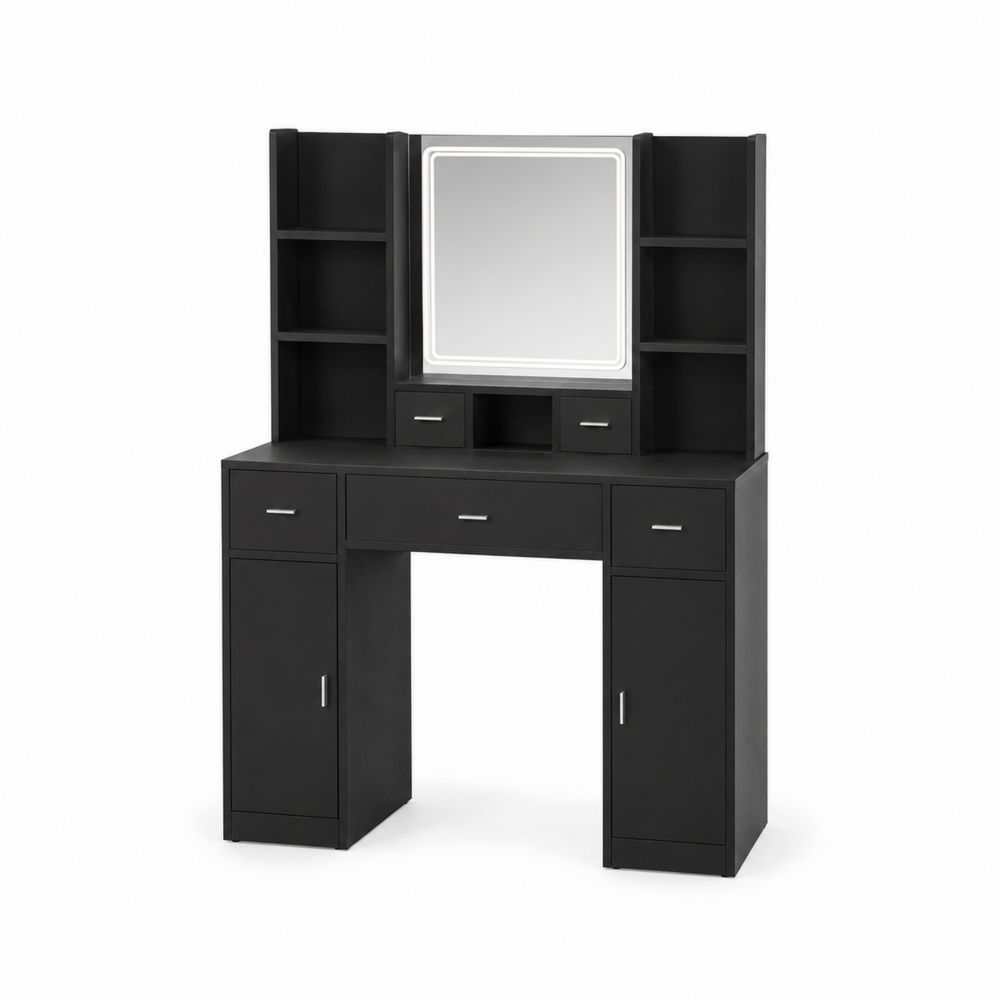 Coiffeuse en Bois MDF Noir avec Miroir LED et Rangement-Novpitor