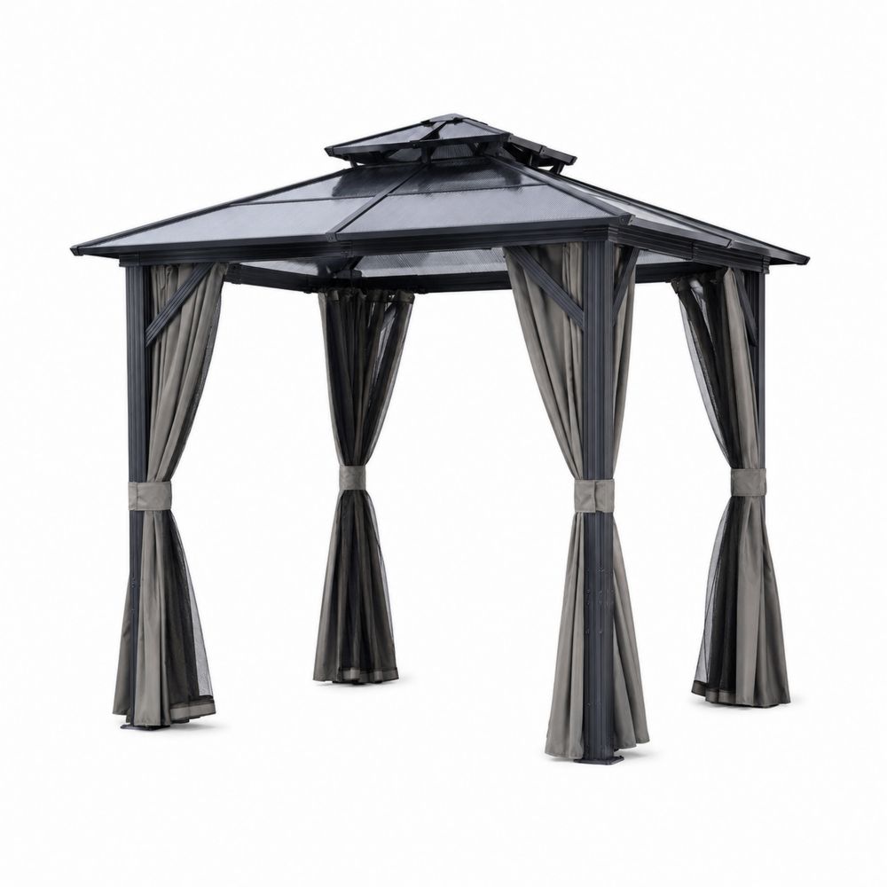 Pavillon de jardin en aluminium avec toit en polycarbonate et rideaux en polyester-Novpitor