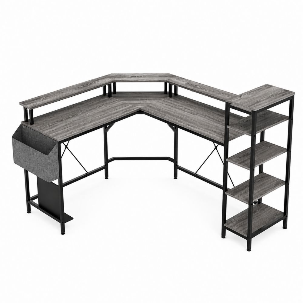 Bureau d'angle en MDF avec étagères Métal Gris/Noir-Novpitor