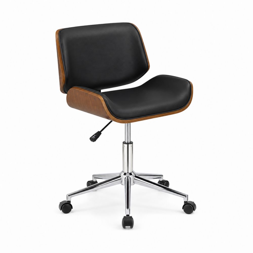 Chaise de Bureau Pivotante en Cuir Synthétique et Bois avec Roulettes Noire-Novpitor
