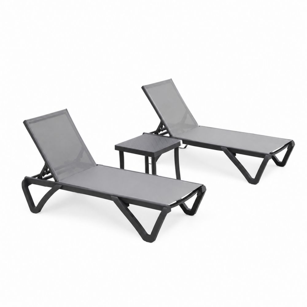 Ensemble de 2 chaises longues en aluminium avec table d'appoint en tissu textilène Gris-Novpitor