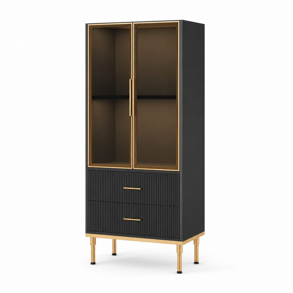 Buffet en métal et bois noir avec portes en verre trempé, 80x40x180 cm-Novpitor