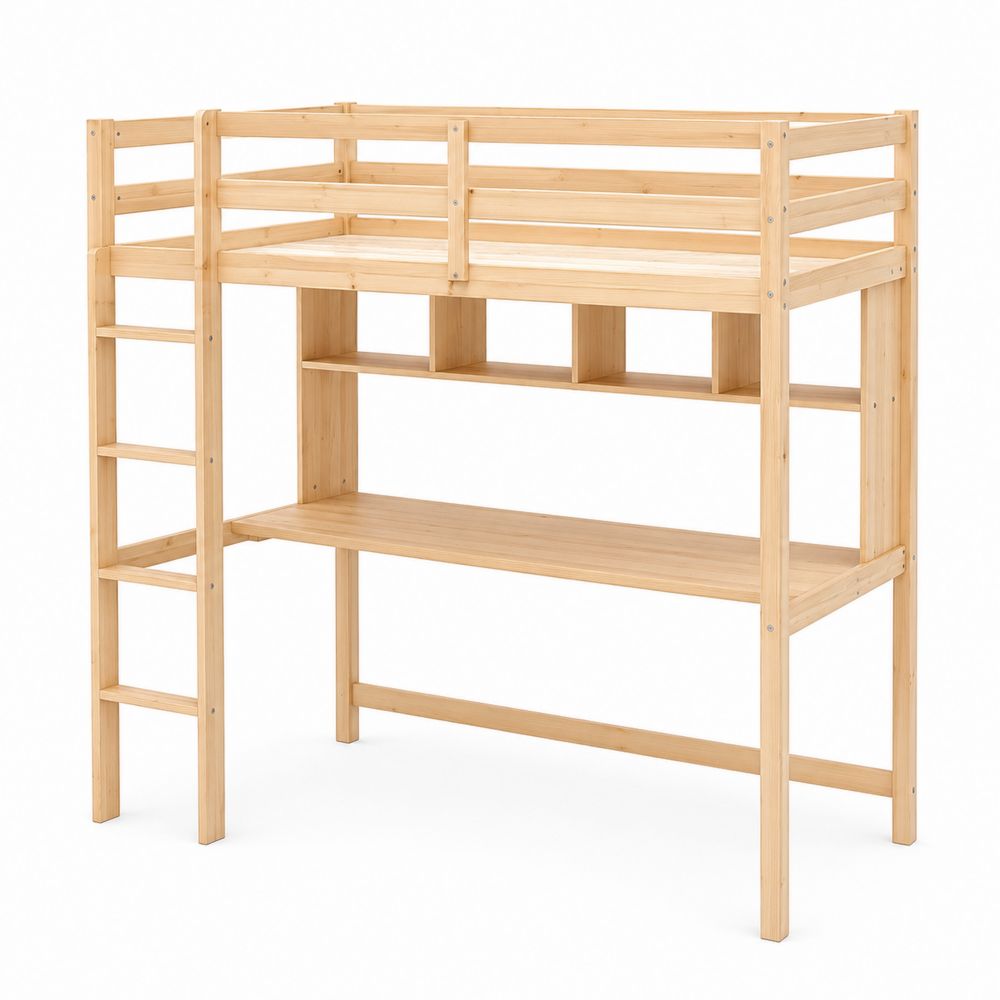 Lit mezzanine en bois de pin avec bureau intégré-Novpitor