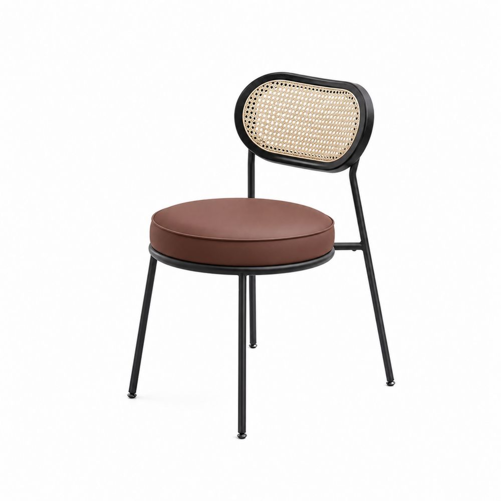 Chaise en cuir PU et rotin avec cadre en métal noir-Novpitor