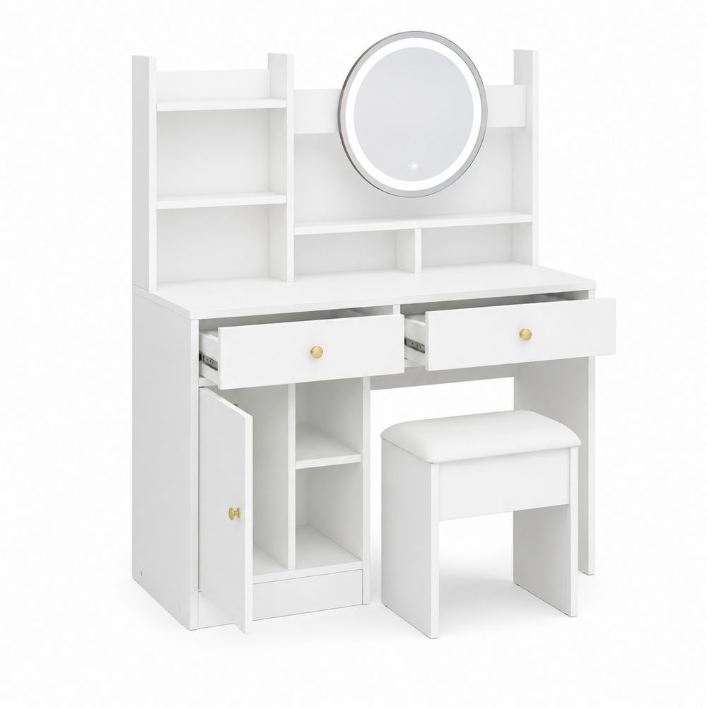 Coiffeuse en bois MDF blanc avec miroir LED et tabouret-Novpitor
