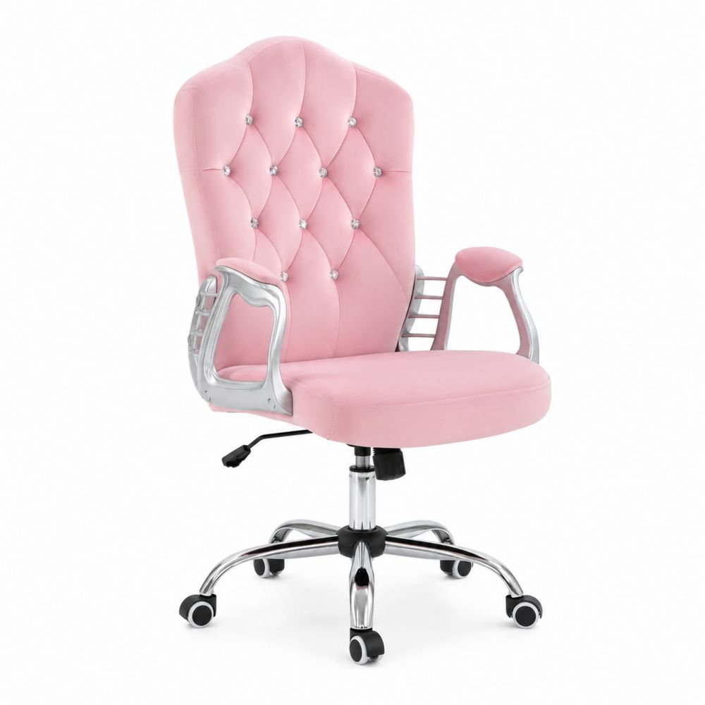 Chaise de bureau en velours rose avec accoudoirs métalliques-Novpitor