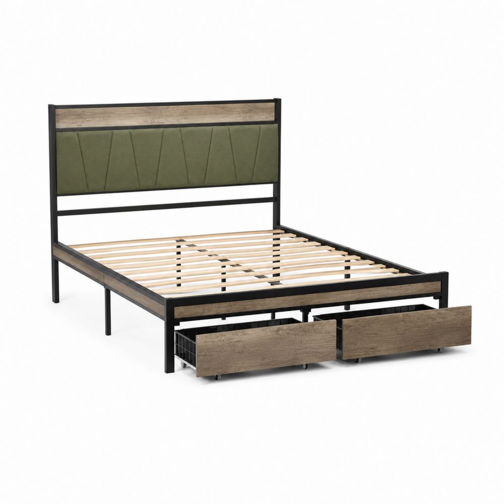 Lit double avec tête de lit en polyester vert et cadre en métal avec tiroirs-Novpitor