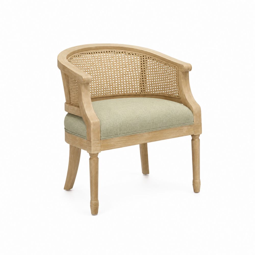 Chaise en bois et rotin avec assise en lin vert clair-Novpitor