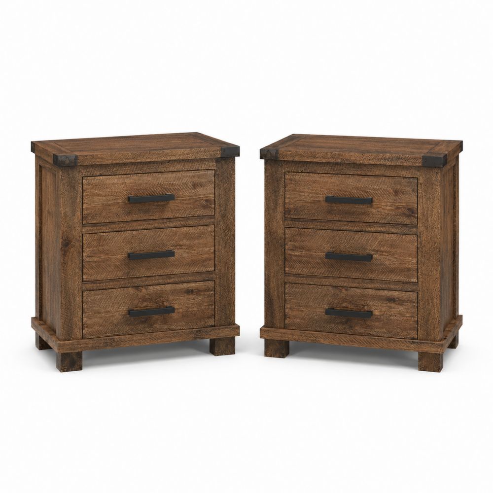 Lot de 2 Tables de Chevet en Bois avec 3 Tiroirs - Brun-Novpitor