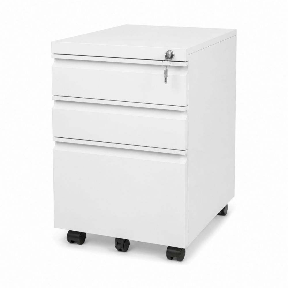 Caisson de bureau en métal avec roulettes et serrure, 3 tiroirs, Blanc-Novpitor