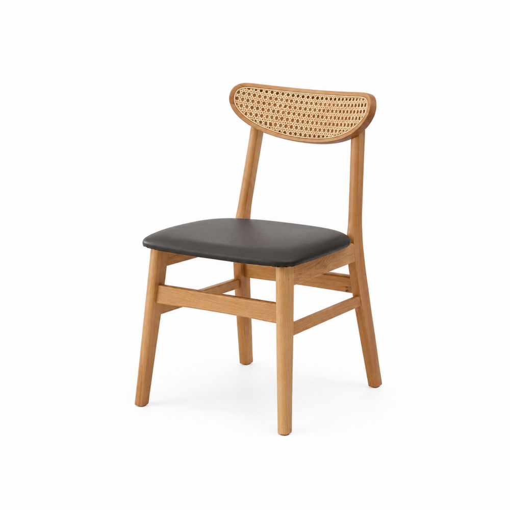 Chaise en bois avec dossier en rotin et assise en similicuir Noir-Novpitor