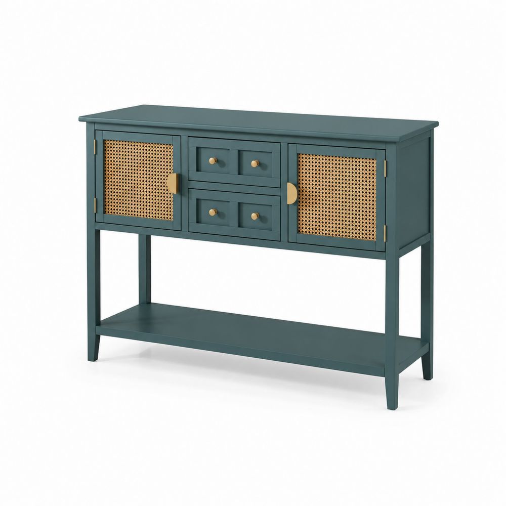 Console en bois avec portes en rotin et tiroirs verts-Novpitor