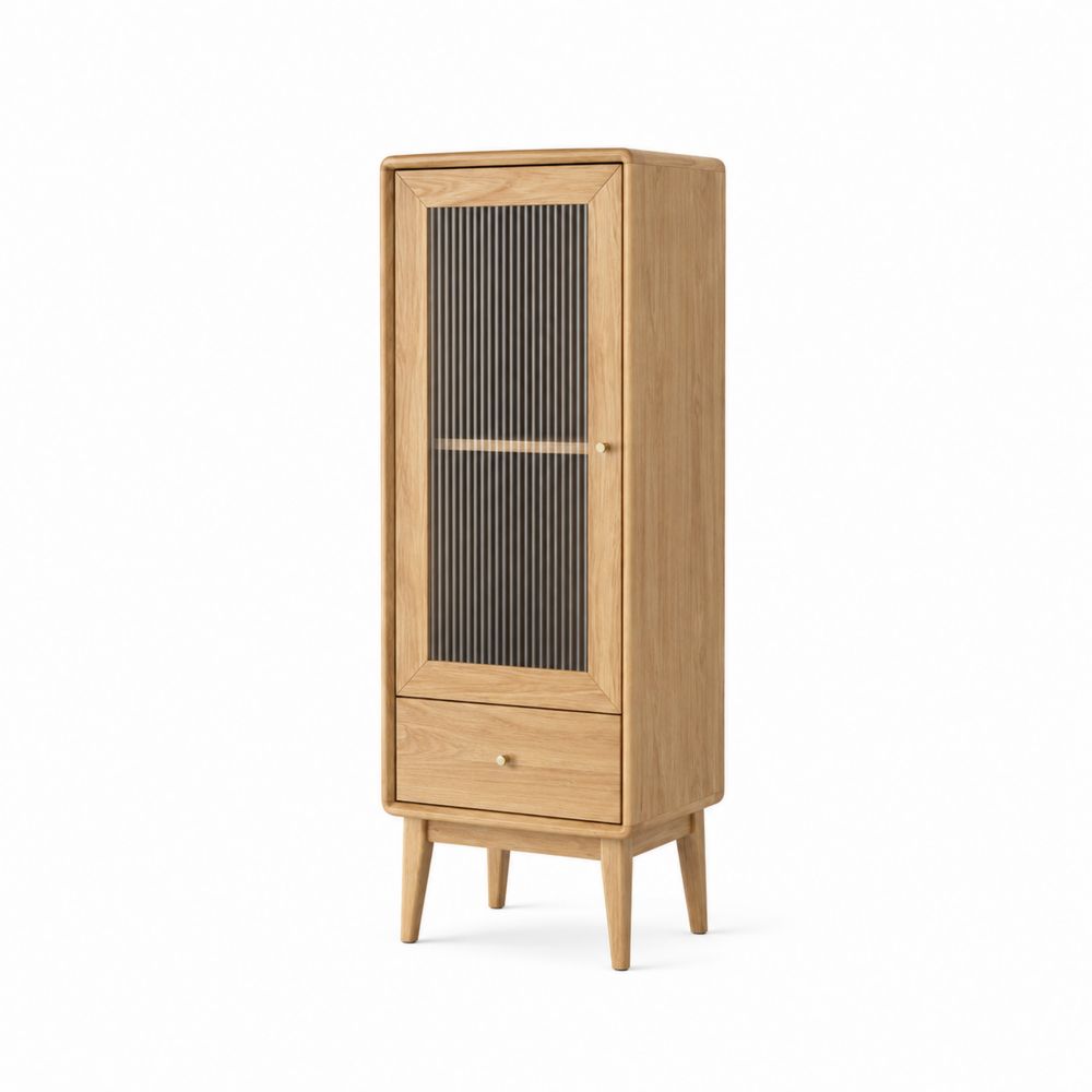 Bibliothèque en chêne avec porte en verre cannelé et tiroir - 180x60x40 cm-Novpitor
