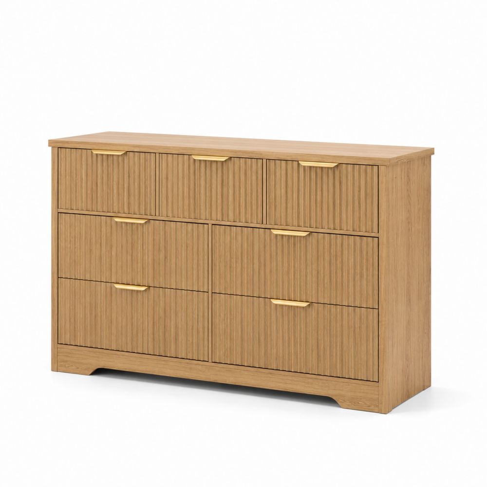 Commode 6 Tiroirs en Bois de Hêtre avec Poignées Métalliques Dorées