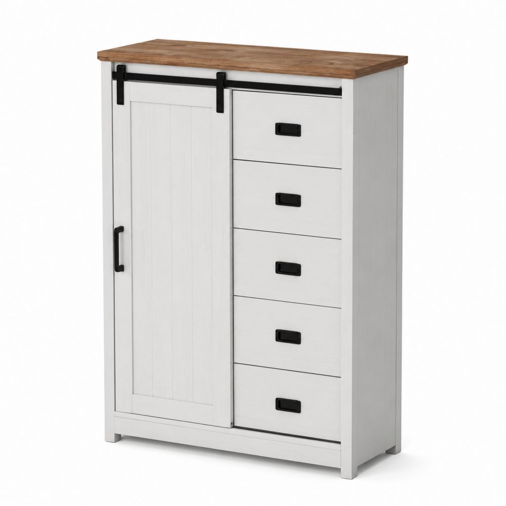 Buffet en bois avec porte coulissante et 5 tiroirs Blanc/Chêne