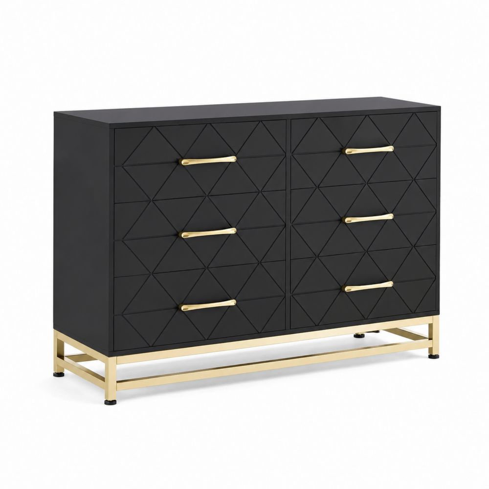 Commode rectangulaire 6 tiroirs en bois et métal Noir et Doré 120 x 40 x 80 cm
