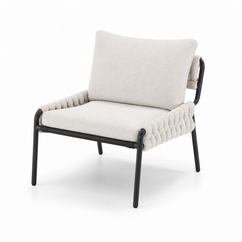 Chaise de salon en métal noir avec tissu bouclé crème