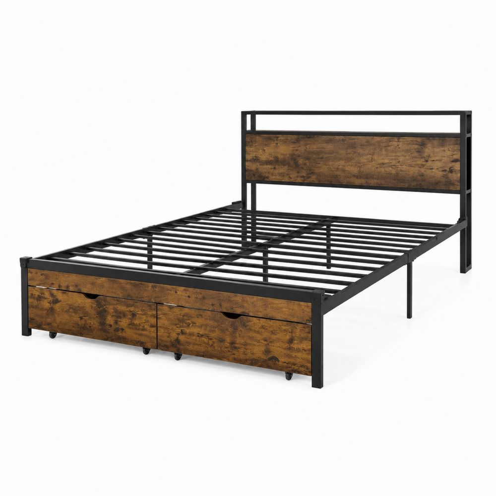 Lit double en métal avec tête de lit en contreplaqué et tiroirs 140x200 cm